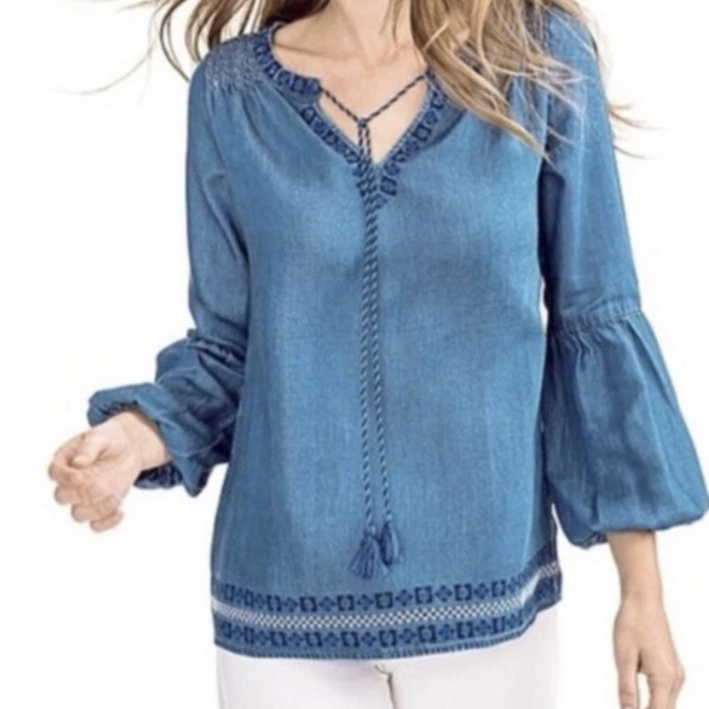 Southern Tide Denim Blue Embroidered Blouse